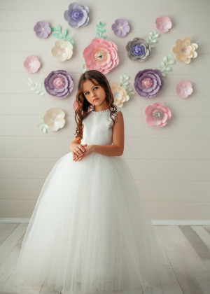 Pearl Neck Ivory Satin Tulle Flower Girl Dress